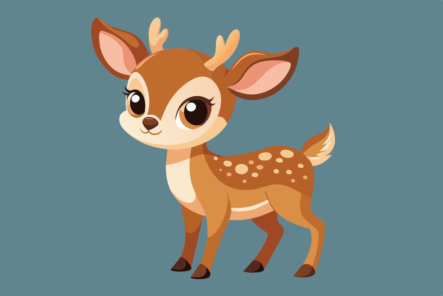 Cute cartoon deer standing on a blue background, showcasing playful and friendly features with large eyes and small antlers vector
