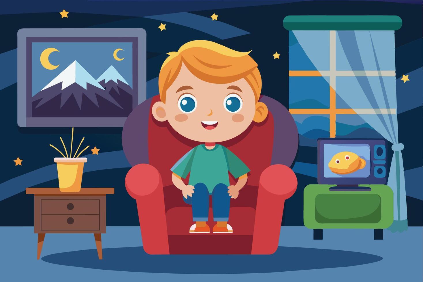 Boy sitting in chair watching tv at night vector