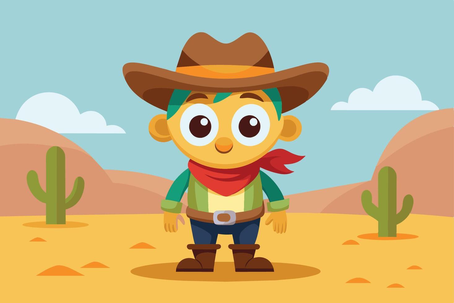 A cheerful cartoon cowboy in a desert landscape surrounded by cacti under a clear blue sky during daylight hours vector