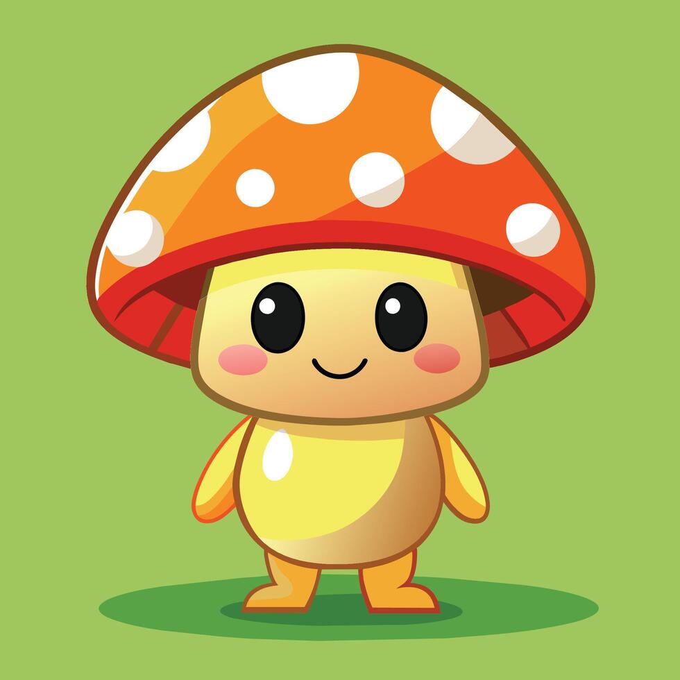 Cute cartoon mushroom character with orange polka-dotted cap standing on a vibrant green background while smiling cheerfully vector