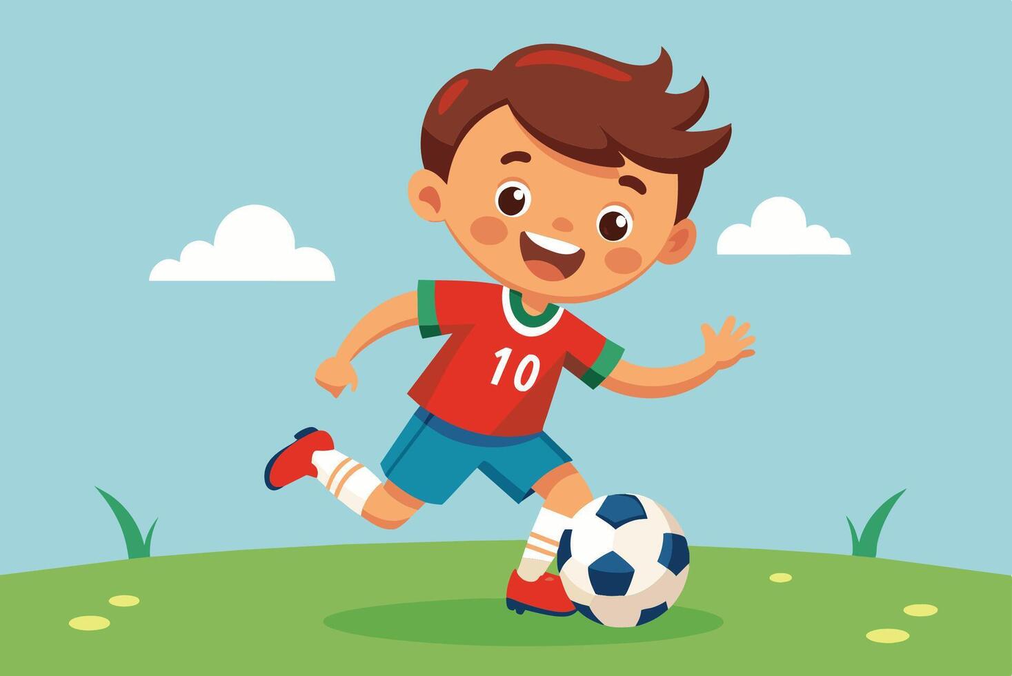 A cartoon boy playing soccer on a field vector