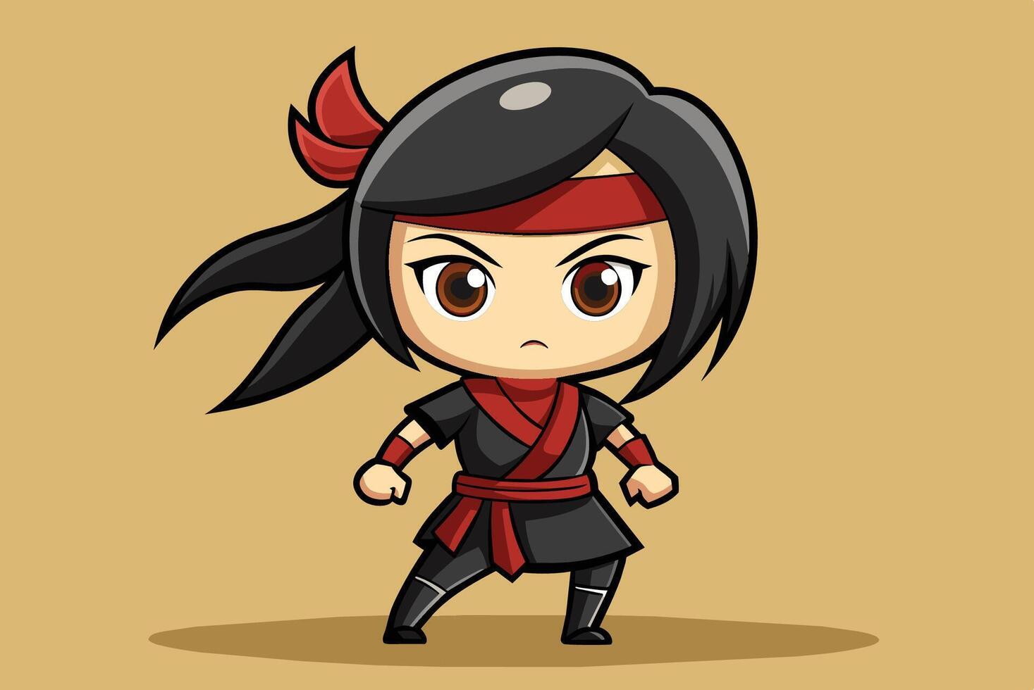 A small, determined ninja character stands ready for action with striking hair and a red band, set against a simple, warm background vector