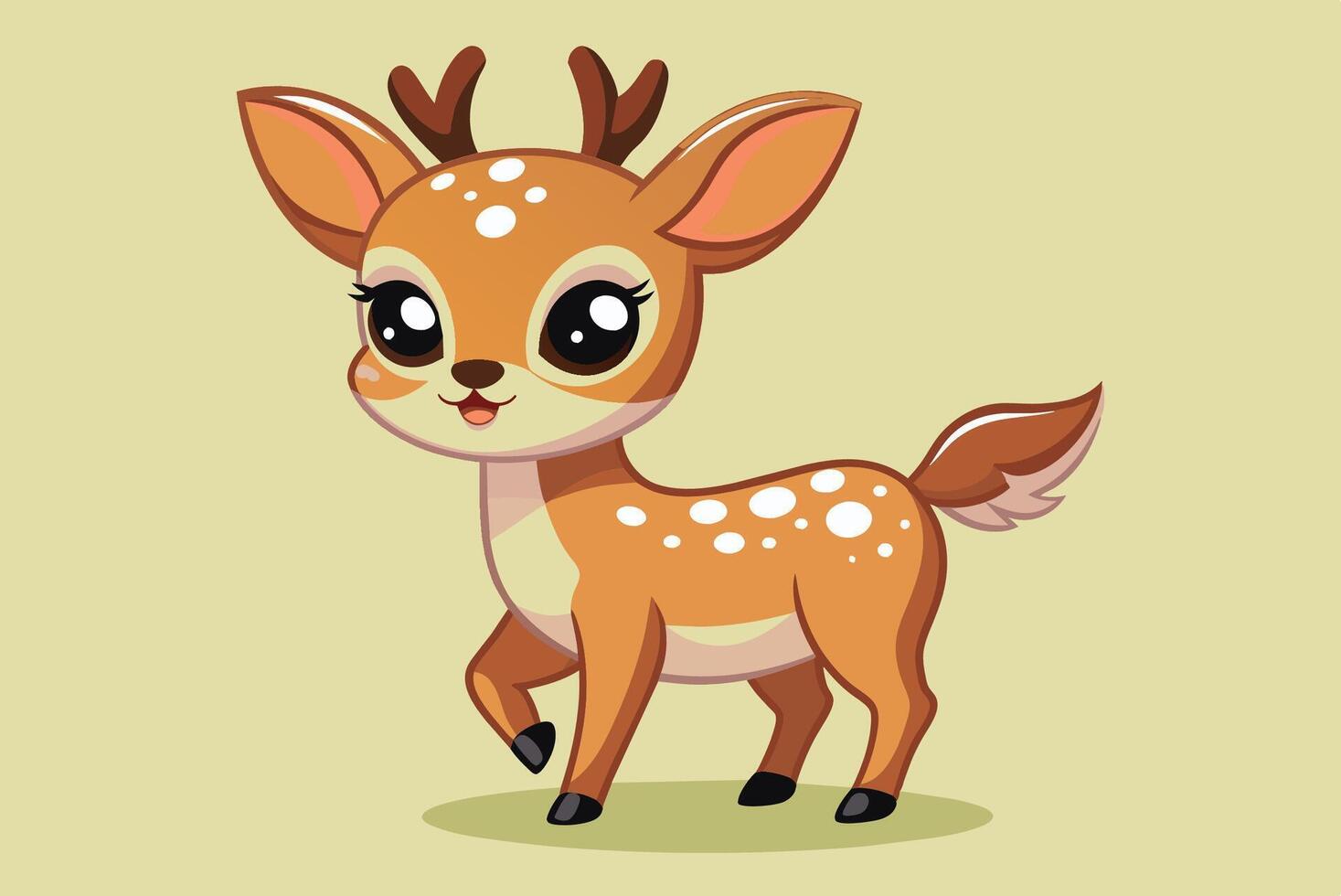 Cute cartoon deer with antlers walking happily on a light green background in a playful pose during a sunny day vector