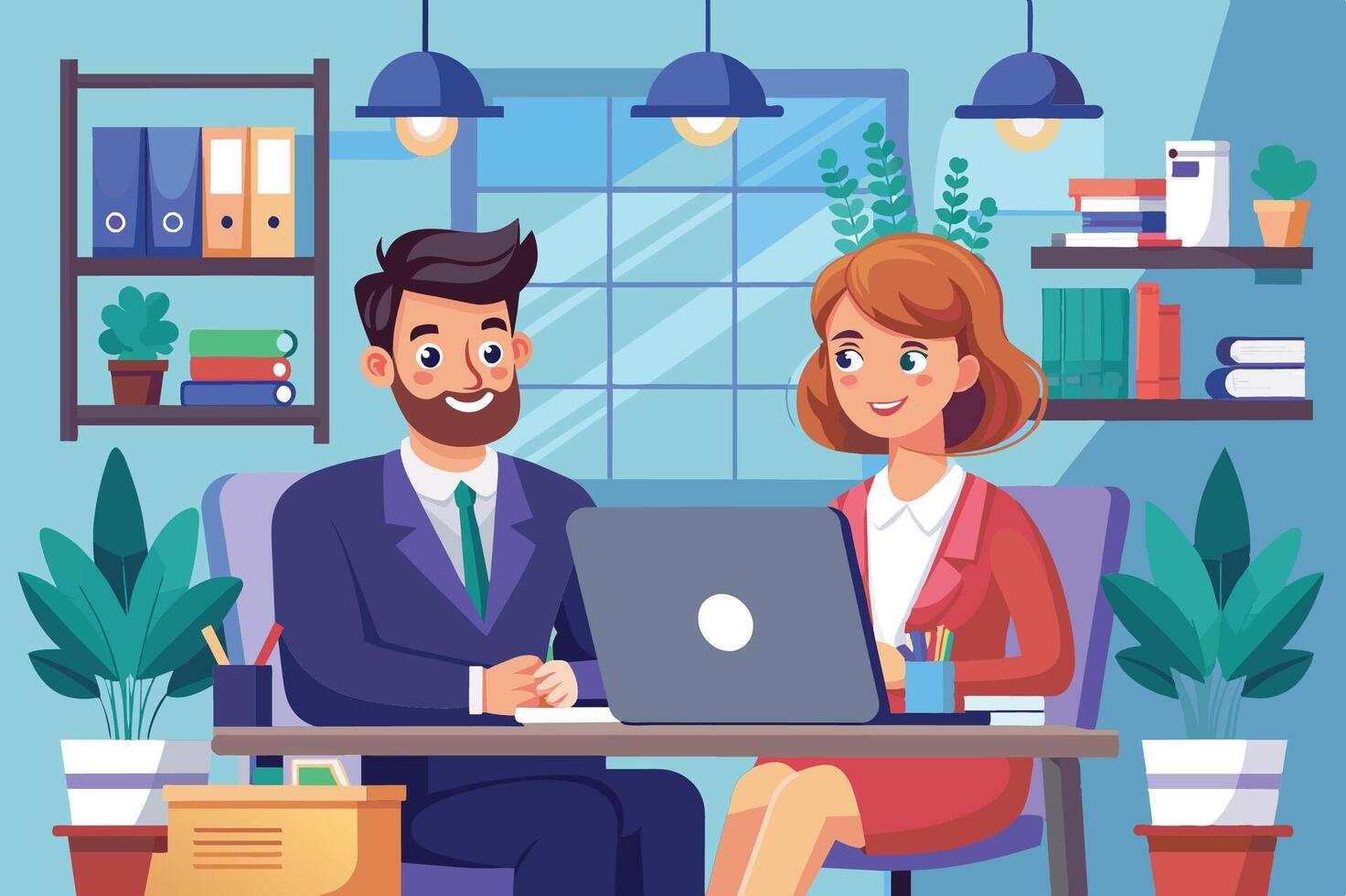 Professional interaction between a smiling man and woman in an office setting during the daytime, with plants and shelves in the background vector
