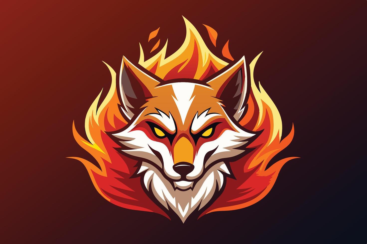 A fierce stylized fox with fiery flames in the background, showcasing a striking design perfect for logos or art pieces vector