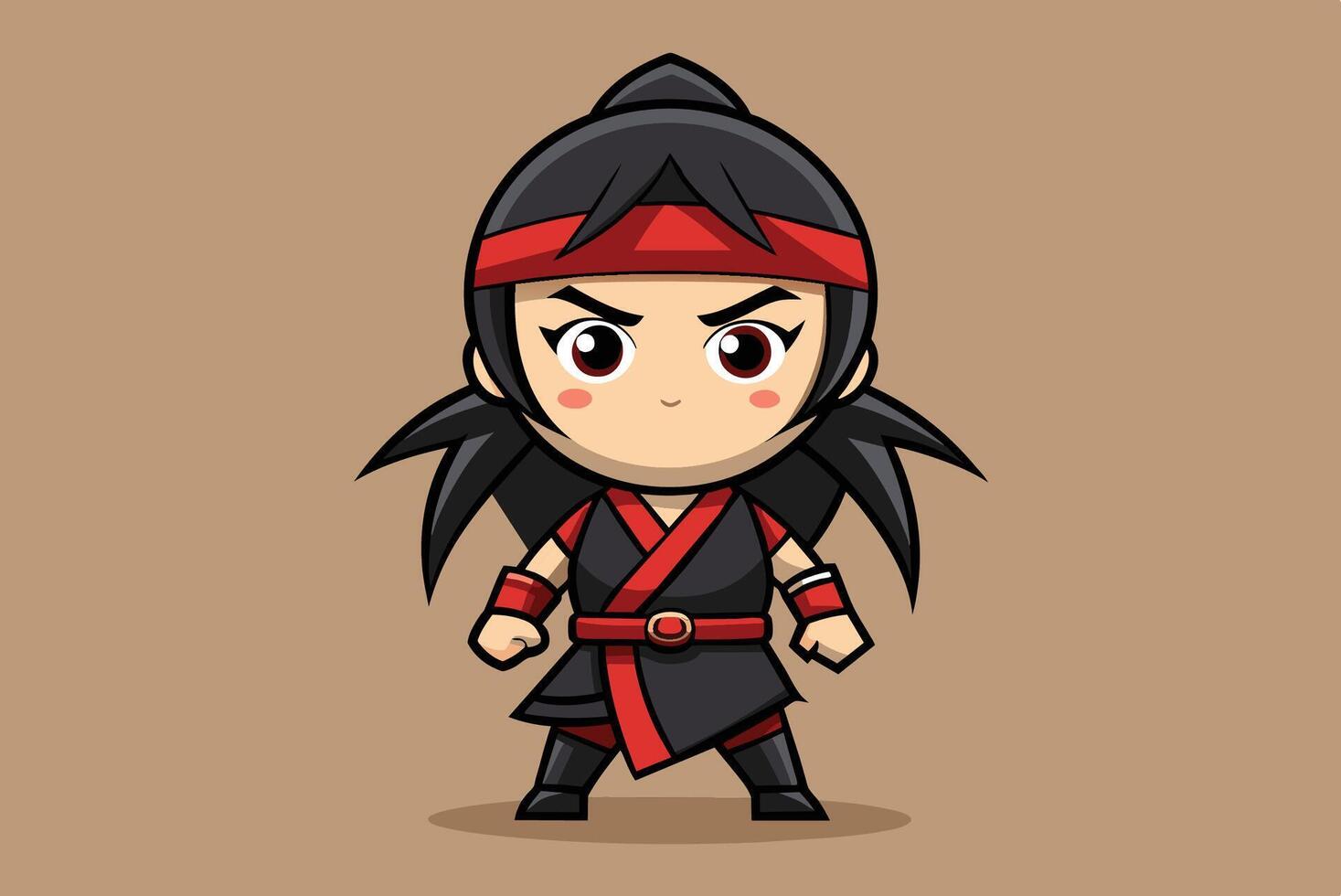 A fierce cartoon character in a striking black and red outfit standing confidently against a solid beige background vector