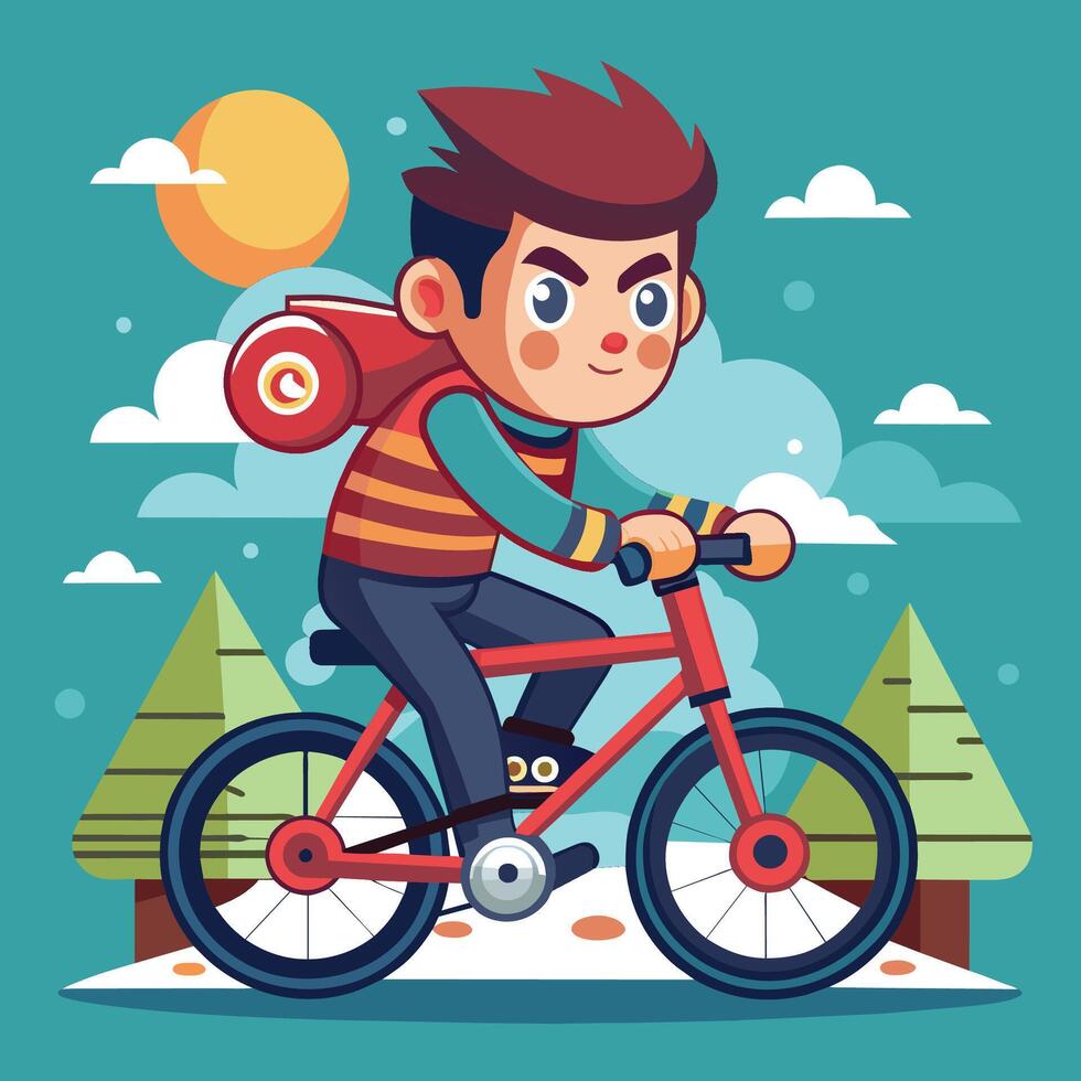 A young boy with a backpack rides his bicycle through a forest landscape under a sunny sky with fluffy clouds vector