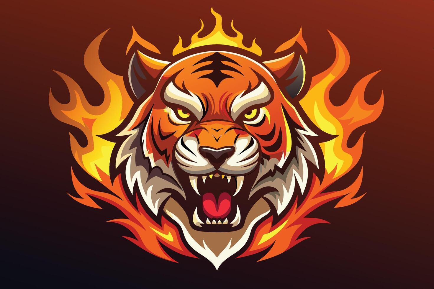 Fierce tiger head with flames in a vibrant design showcasing strength and power vector