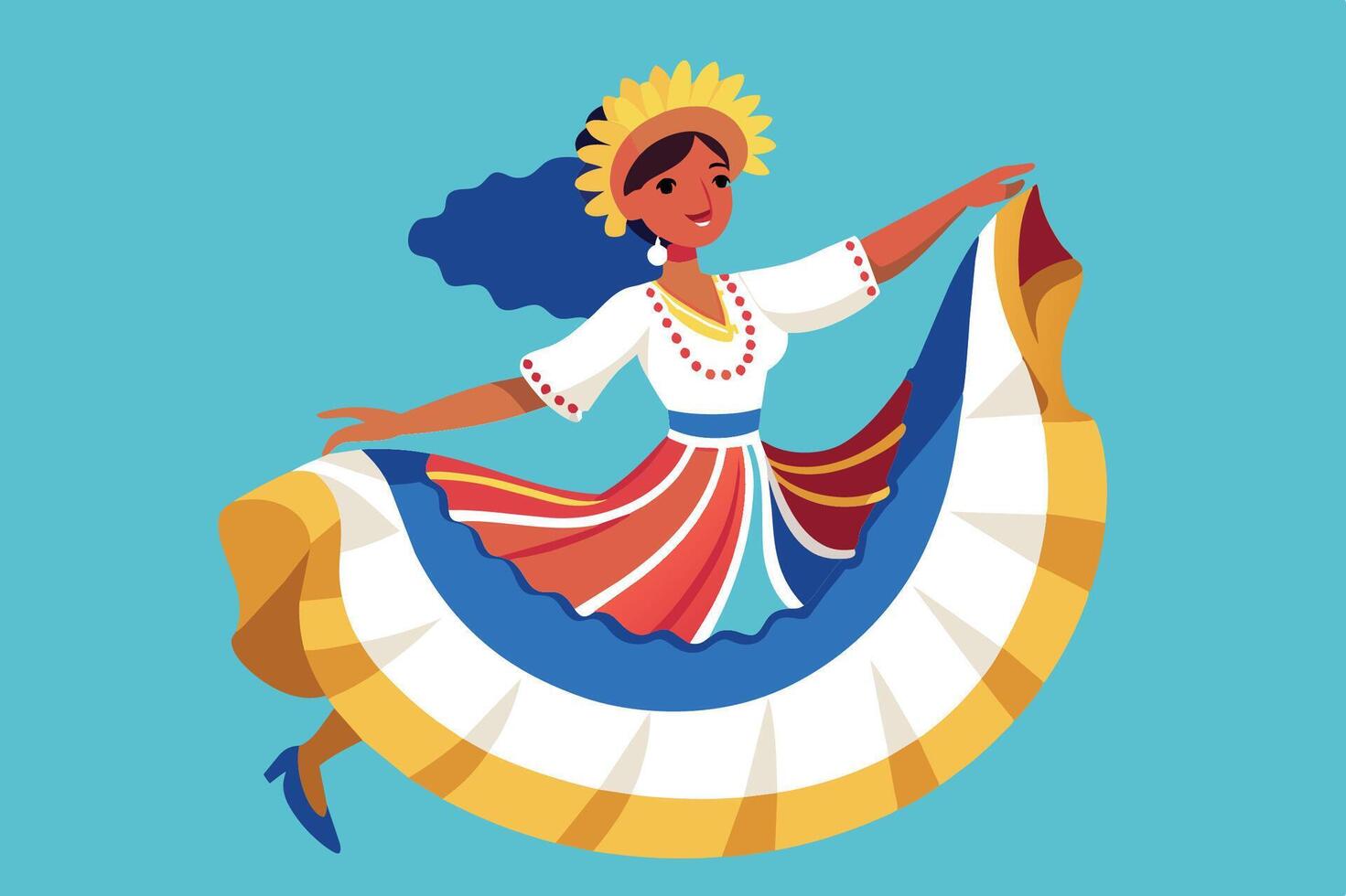 A vibrant dancer in a traditional dress performs a lively dance with a colorful skirt against a bright blue background vector