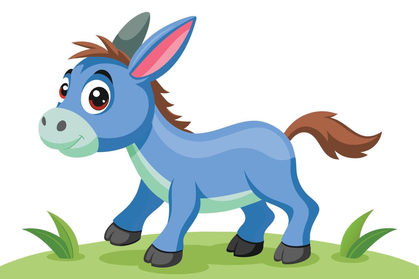 A cheerful blue donkey prancing on green grass with a bright expression under clear skies in a playful cartoon style vector