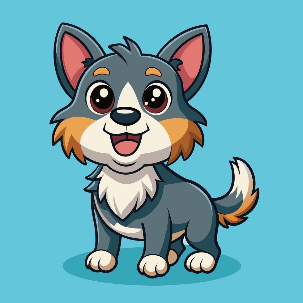 Cute cartoon dog character with large eyes standing against a blue background, showcasing an adorable expression and playful demeanor vector