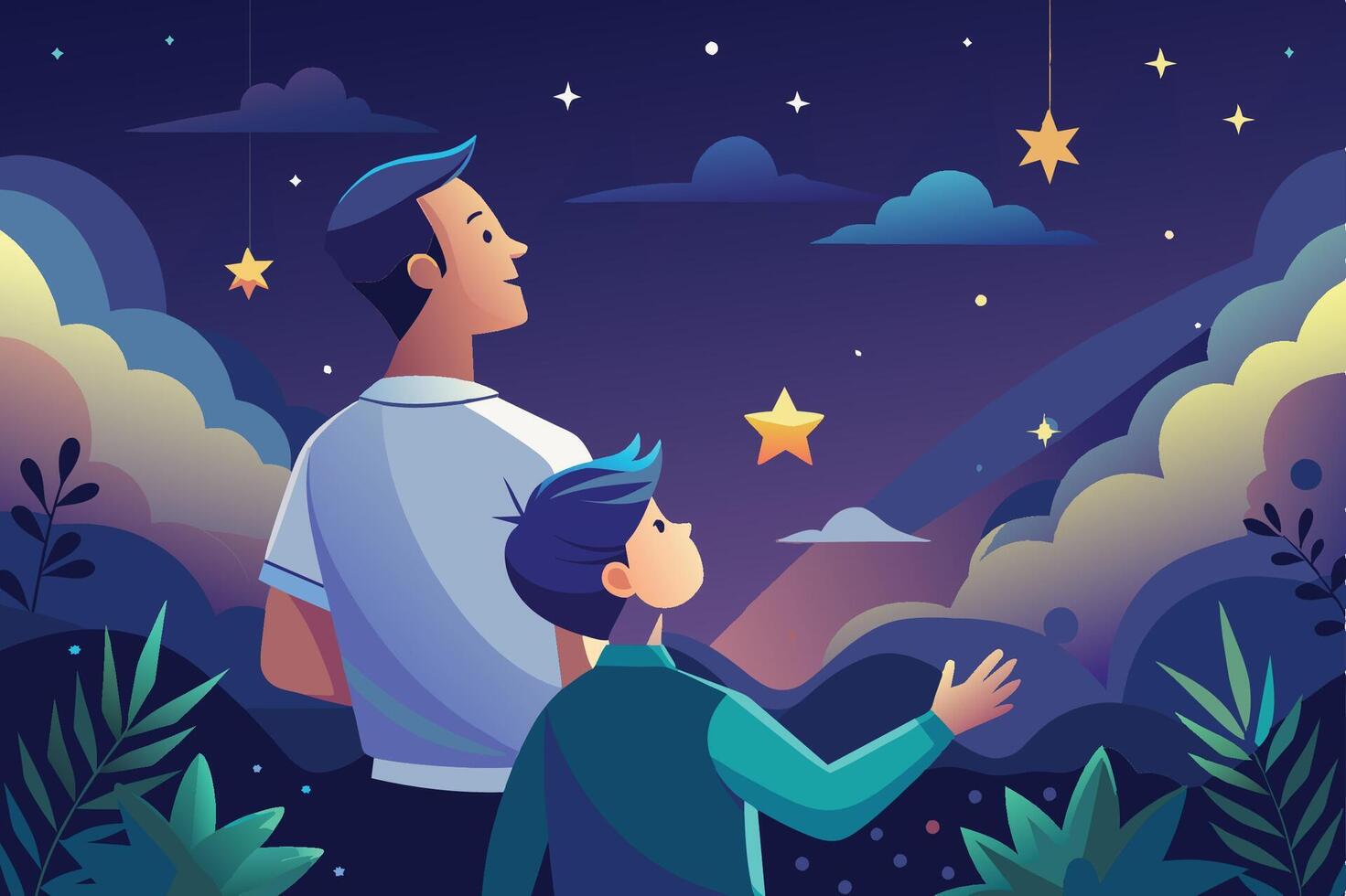 A father and son gaze at shining stars in a serene night sky filled with clouds and distant mountains under a purple twilight vector