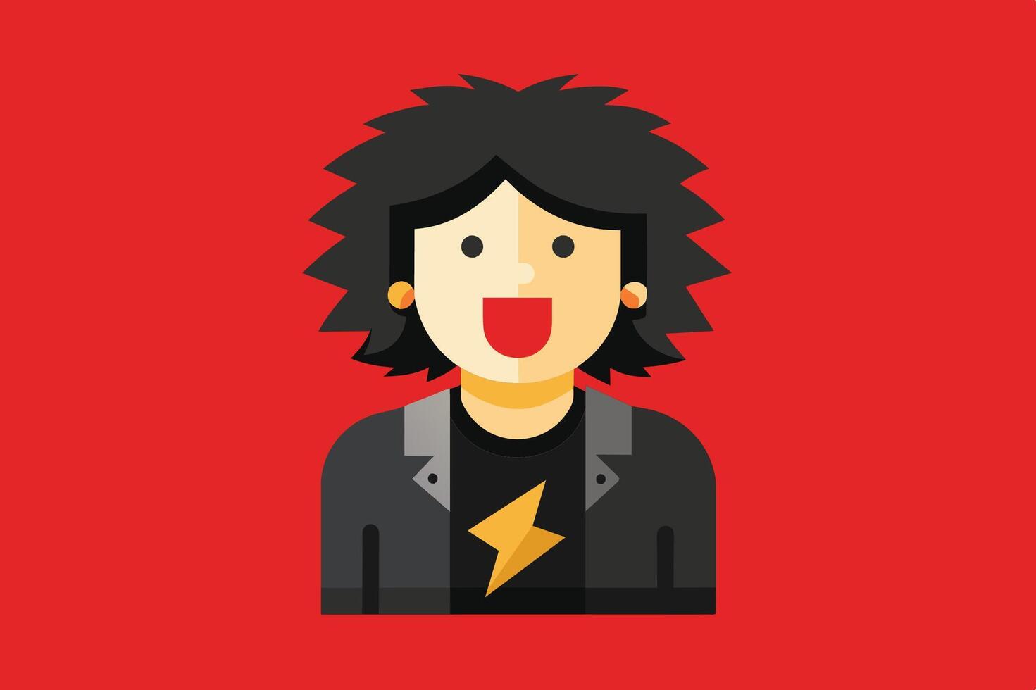 A cheerful character with spiky black hair wearing a lightning bolt shirt and black jacket against a vibrant red background vector
