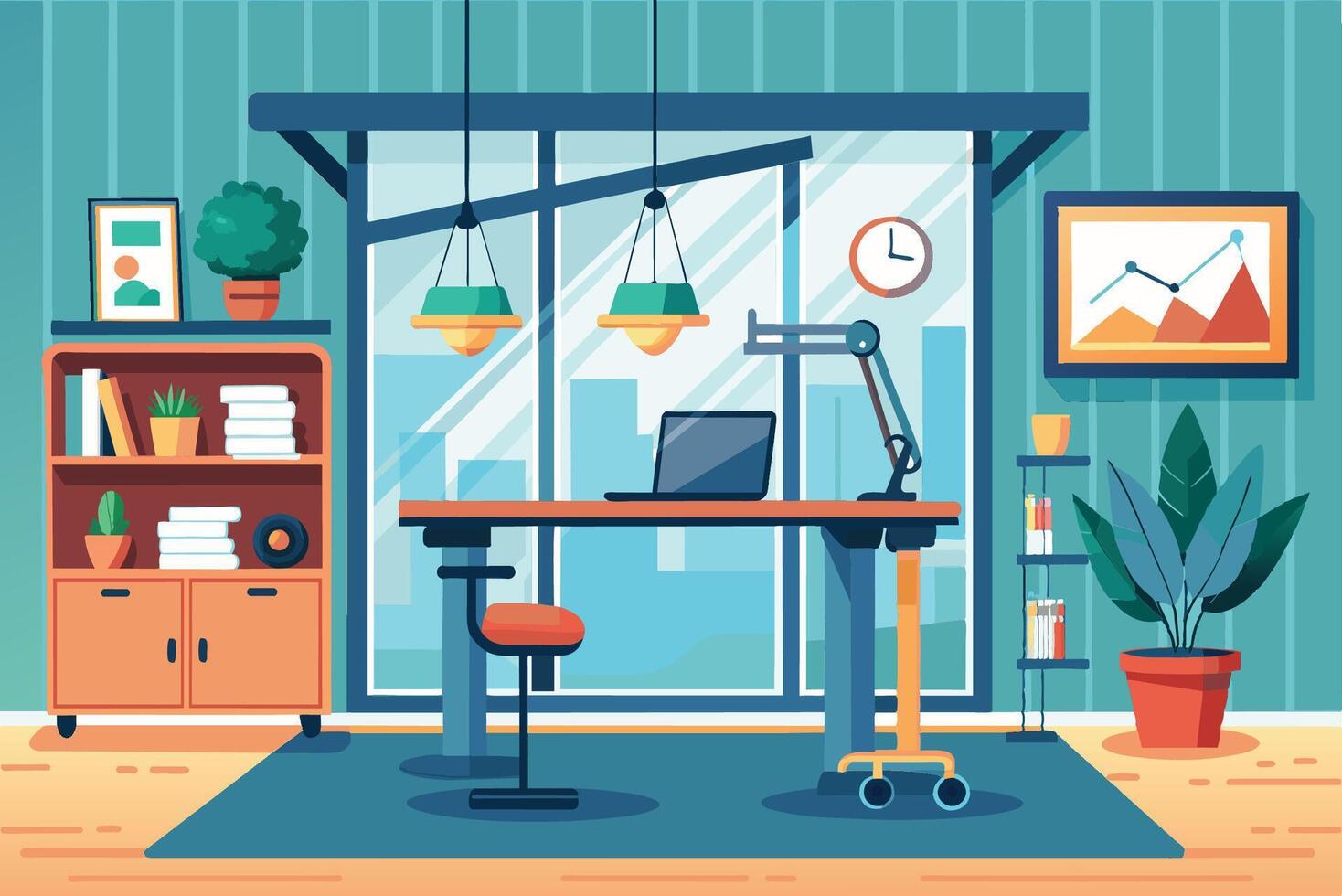 Modern home office interior design with a desk, plants, and large windows in a bright, urban environment on a sunny day vector