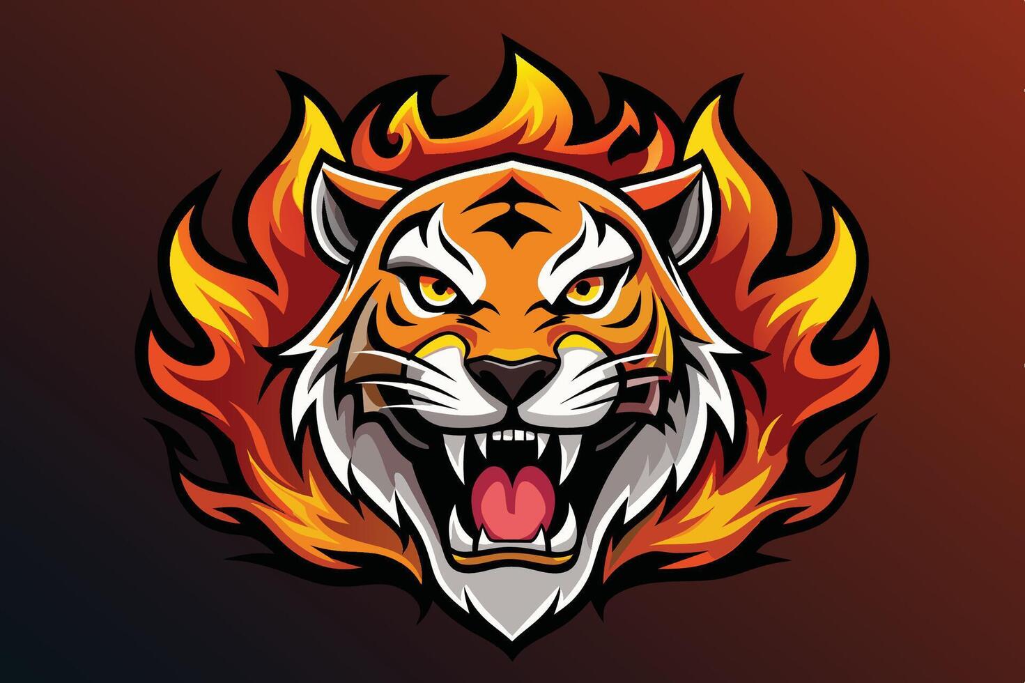 A fierce tiger head surrounded by vibrant flames, symbolizing power and strength in a bold graphic design vector