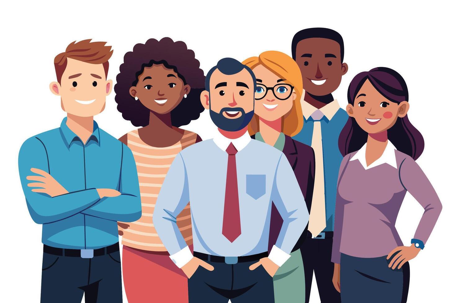 A diverse group of professionals smiling together in a friendly office setting during a daytime team gathering vector