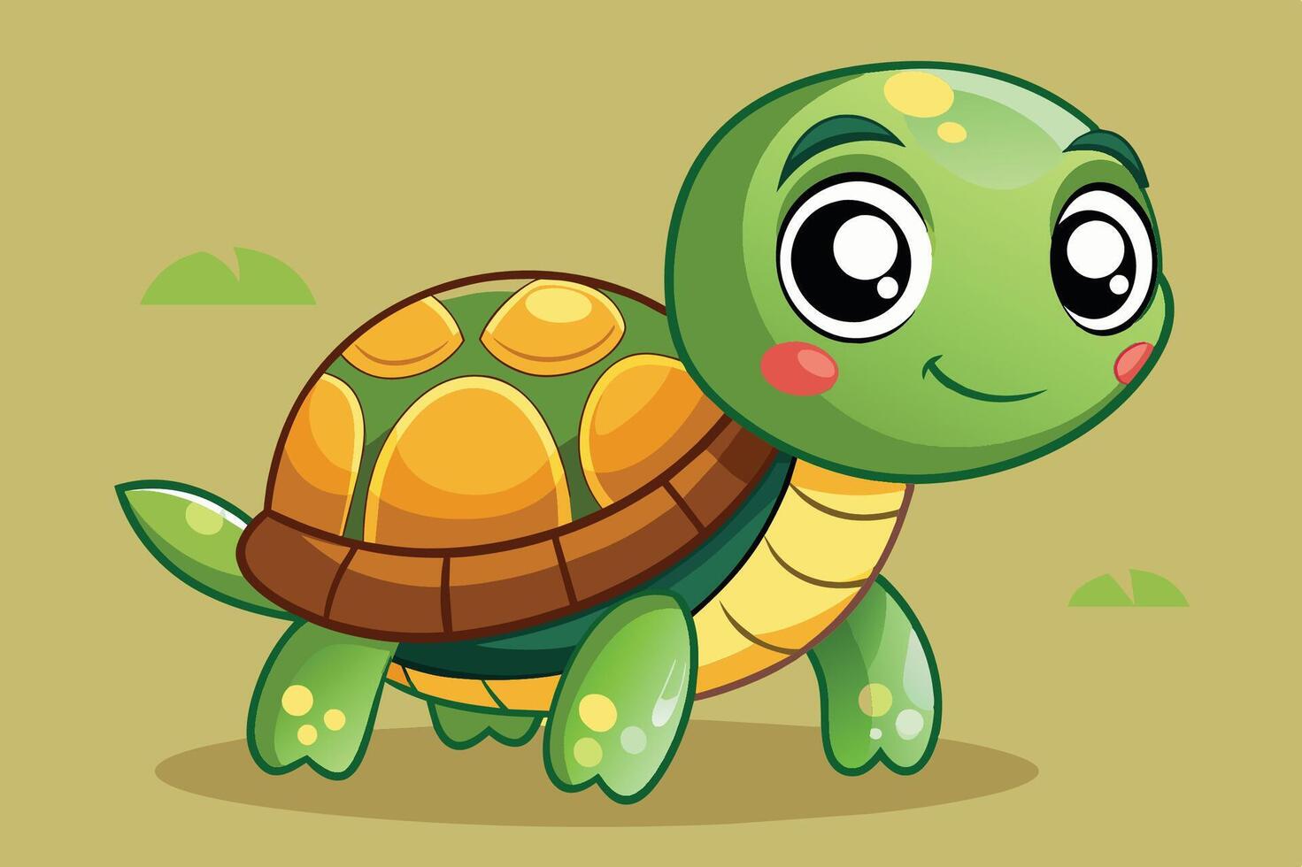 Cute cartoon turtle with big eyes exploring a grassy area under soft sunlight in a playful illustration vector