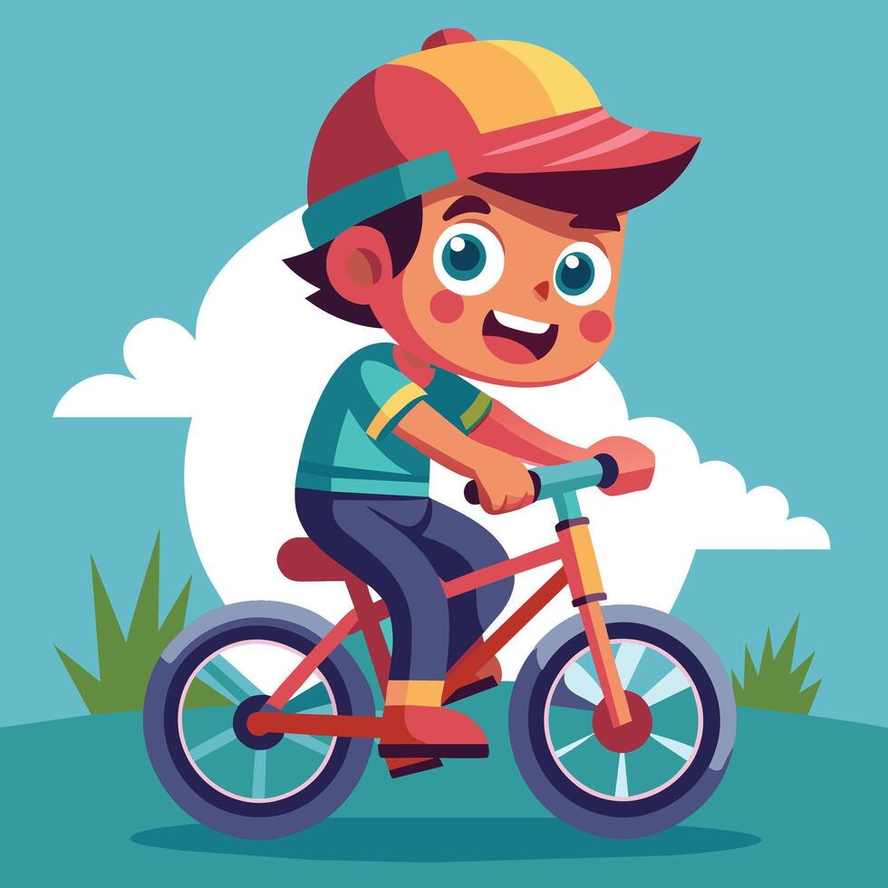 A cheerful boy riding a bicycle on a sunny day with a bright blue sky and fluffy clouds in the background, showcasing fun outdoor activity vector