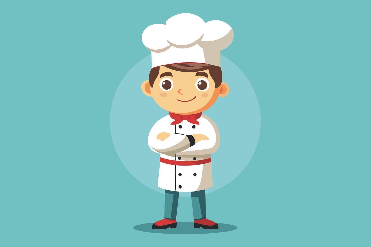 A young boy dressed as a chef stands confidently against a turquoise background, showcasing his passion for cooking and future culinary dreams vector