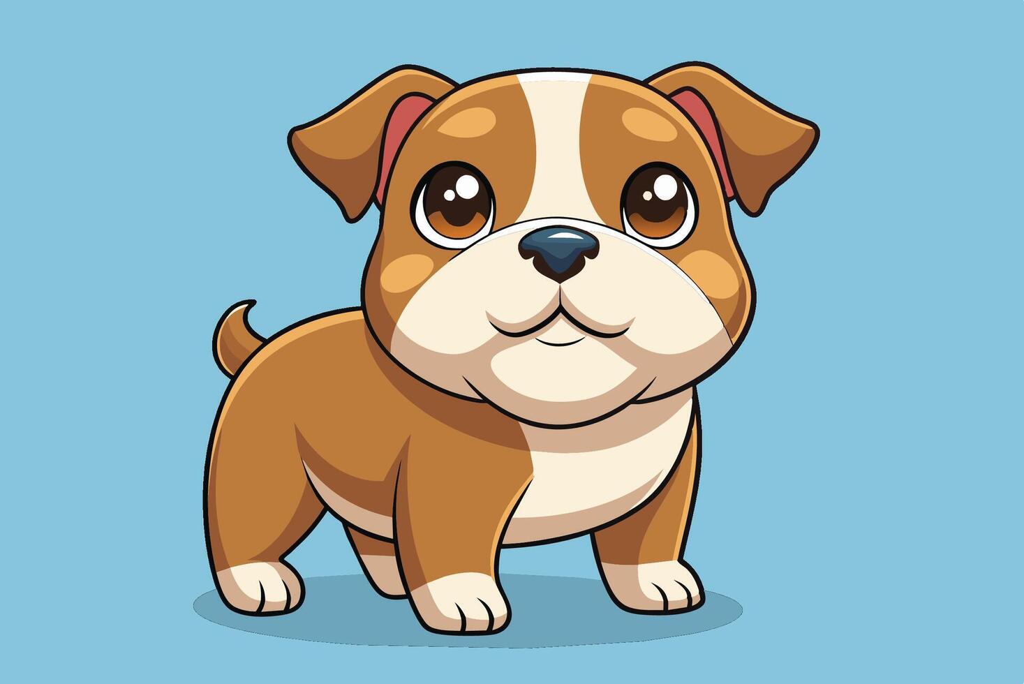 Cute cartoon bulldog puppy with big eyes and a playful expression standing on a blue background in a cheerful setting vector
