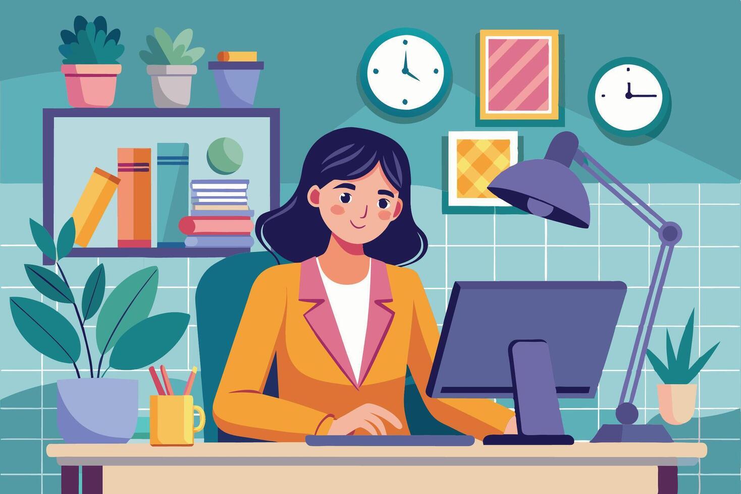 A young woman working diligently at her desk in a cozy, well-decorated home office surrounded by plants and books during the daytime vector