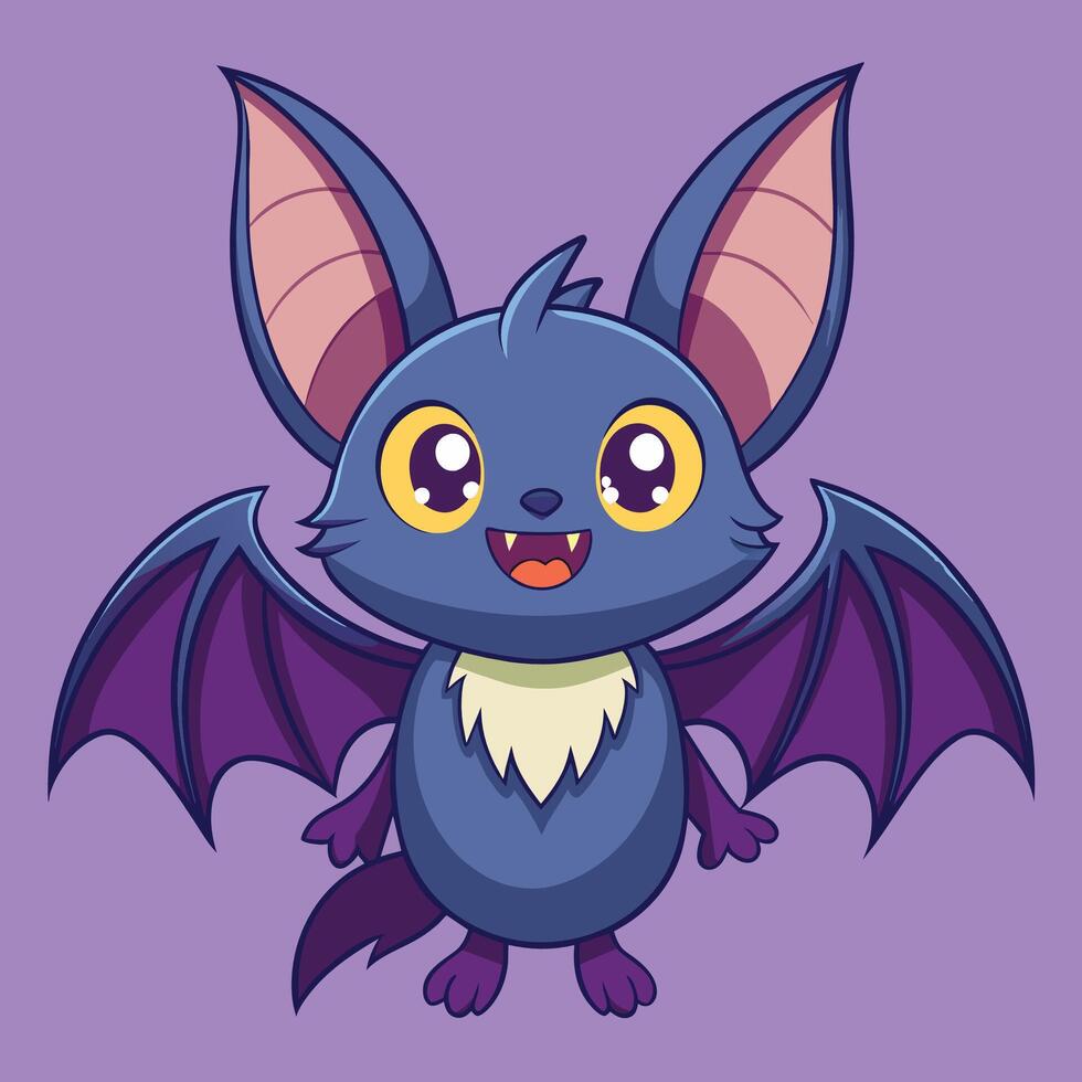 A cute cartoon bat character with large ears and vibrant colors, smiling happily against a soft purple background vector