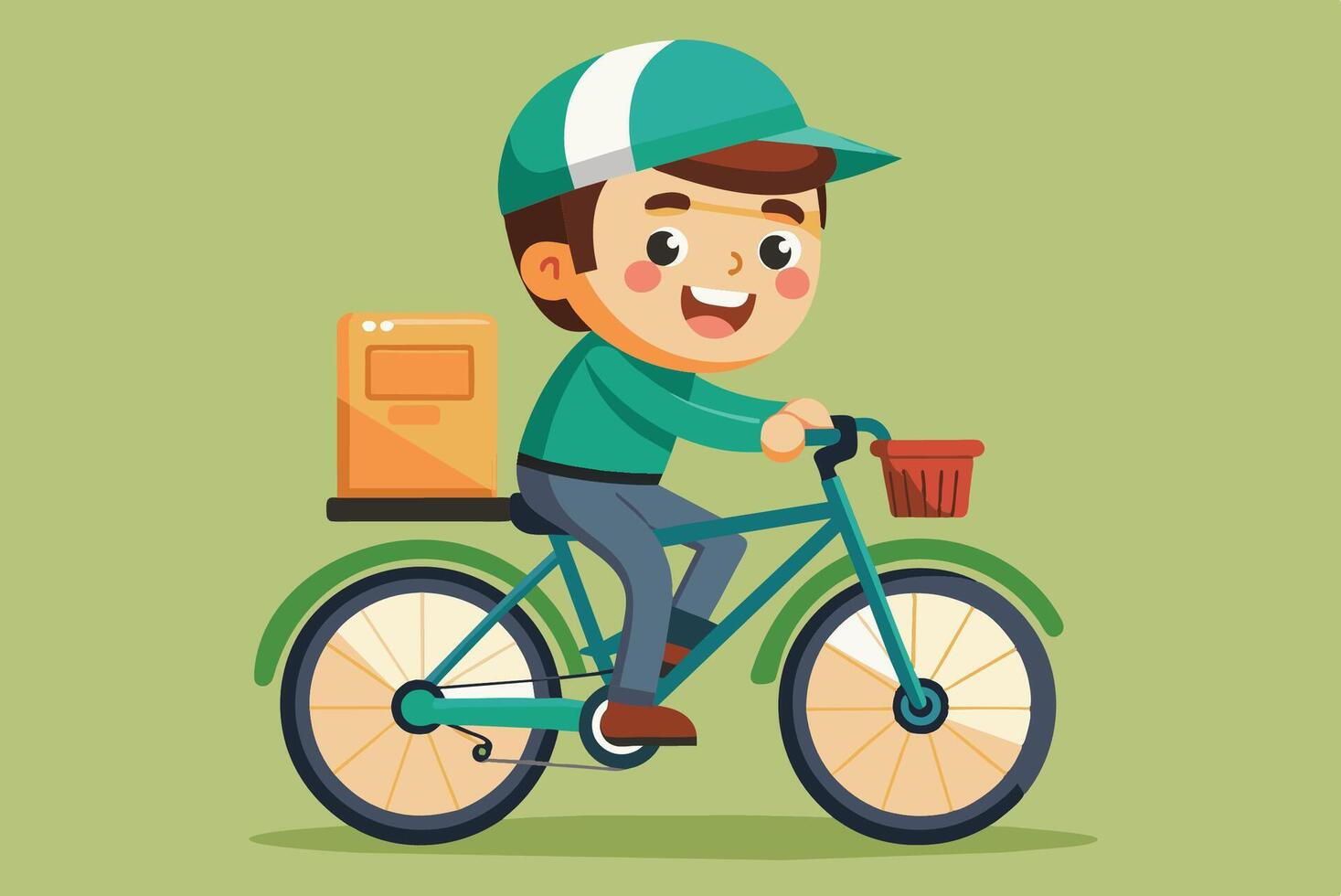 Cheerful delivery boy riding a bicycle with a package in a bright green background vector