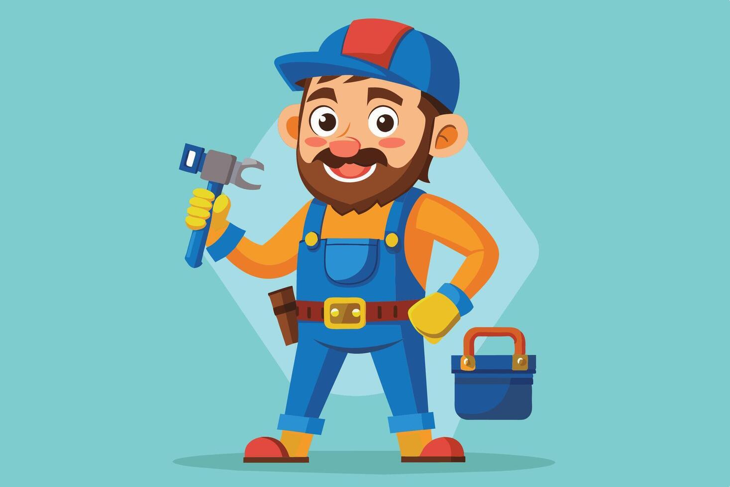 A cheerful cartoon handyman with a wrench poses confidently against a light blue background while holding a toolbox vector