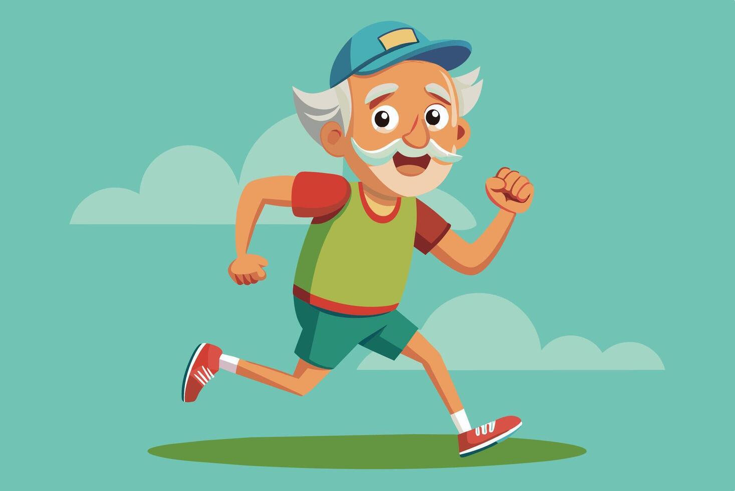 Energetic older man jogging in a park under a clear sky during a sunny afternoon, promoting a healthy lifestyle and fitness for seniors vector