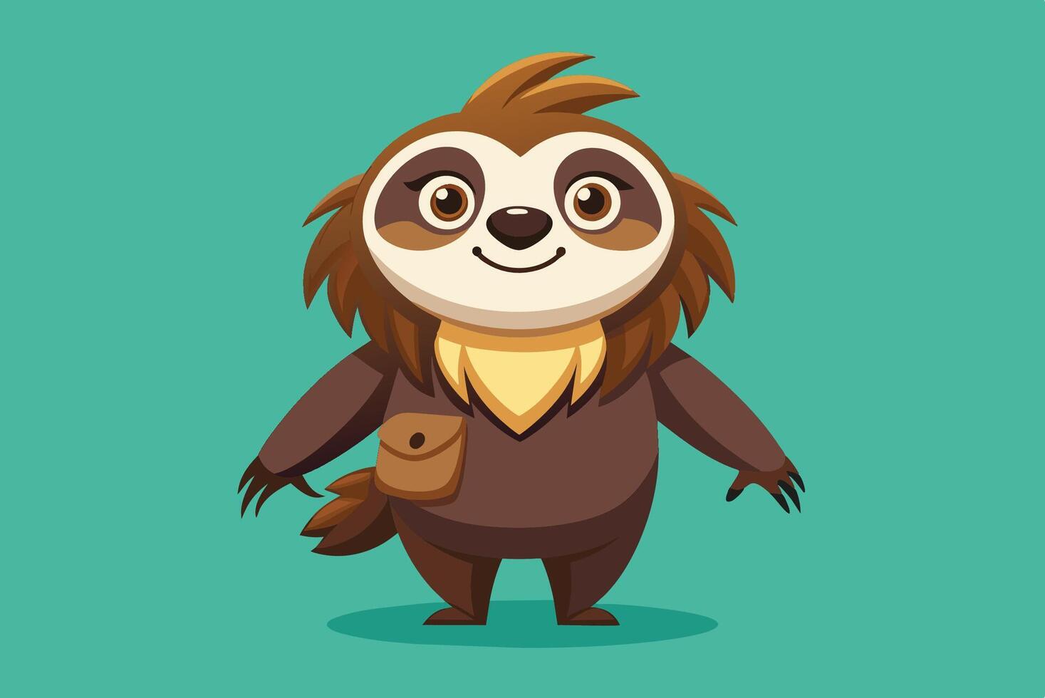 Cute cartoon sloth character with a brown outfit and charming expression standing against a solid turquoise background vector