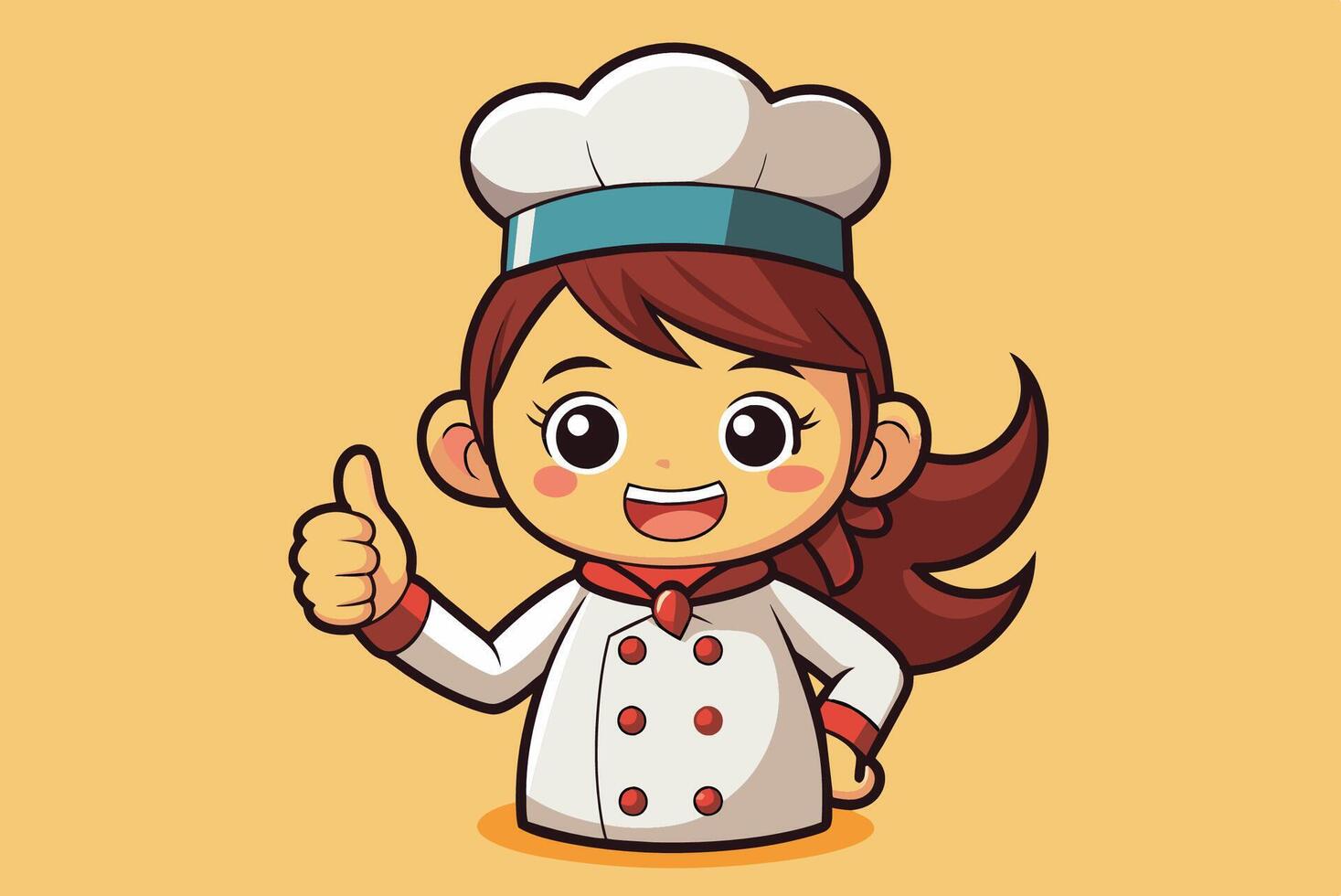 Cheerful cartoon chef giving a thumbs up while wearing a traditional white uniform and chef hat, set against a light yellow background vector