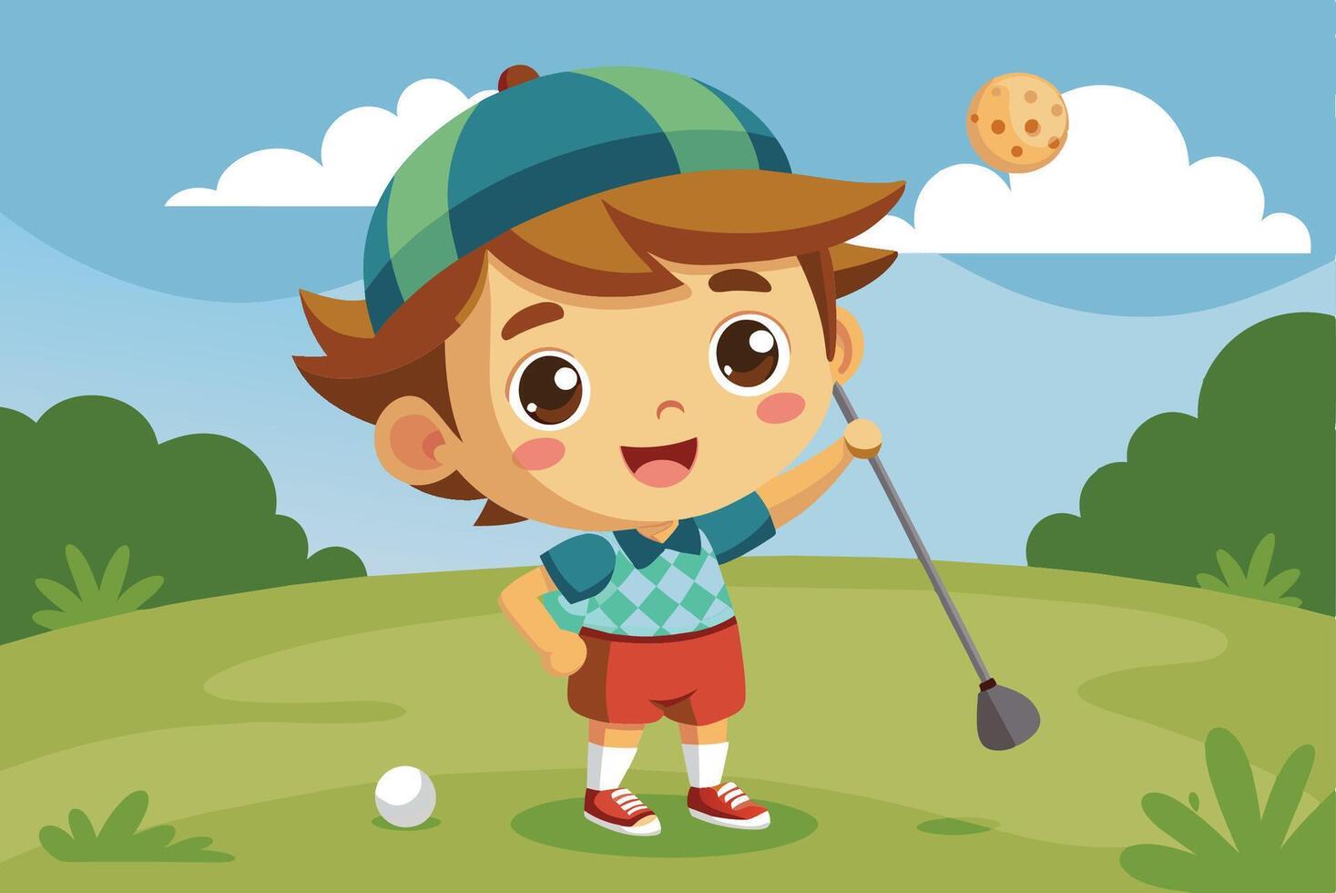 A cheerful young boy playing golf on a sunny day at a park, holding a golf club and smiling as he stands near a golf ball vector