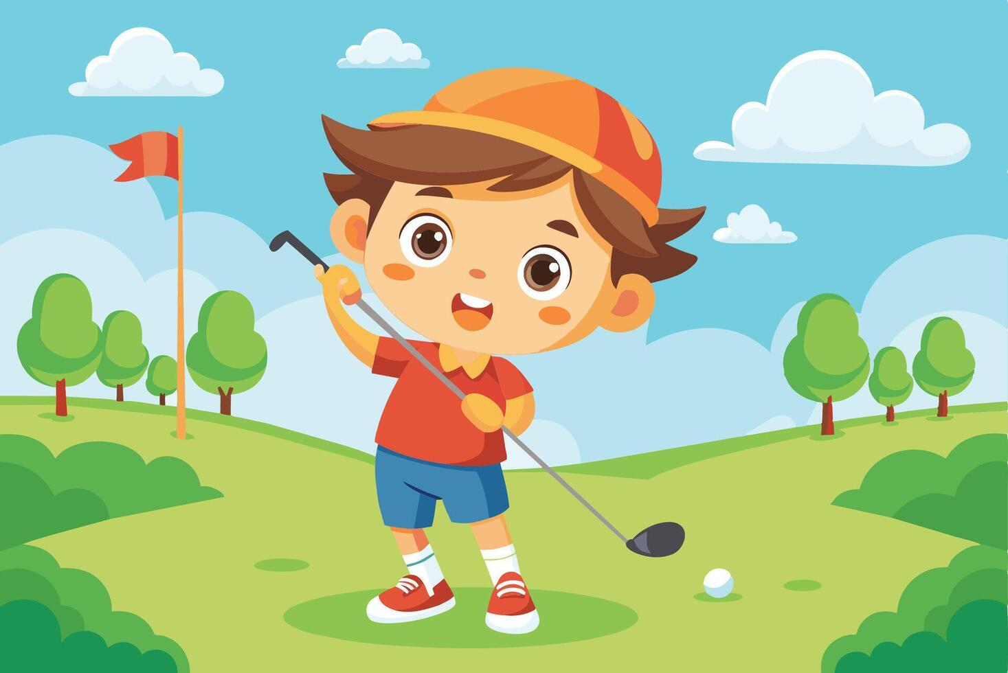 A cheerful young boy plays golf on a sunny day at a colorful outdoor course surrounded by trees and fluffy clouds vector