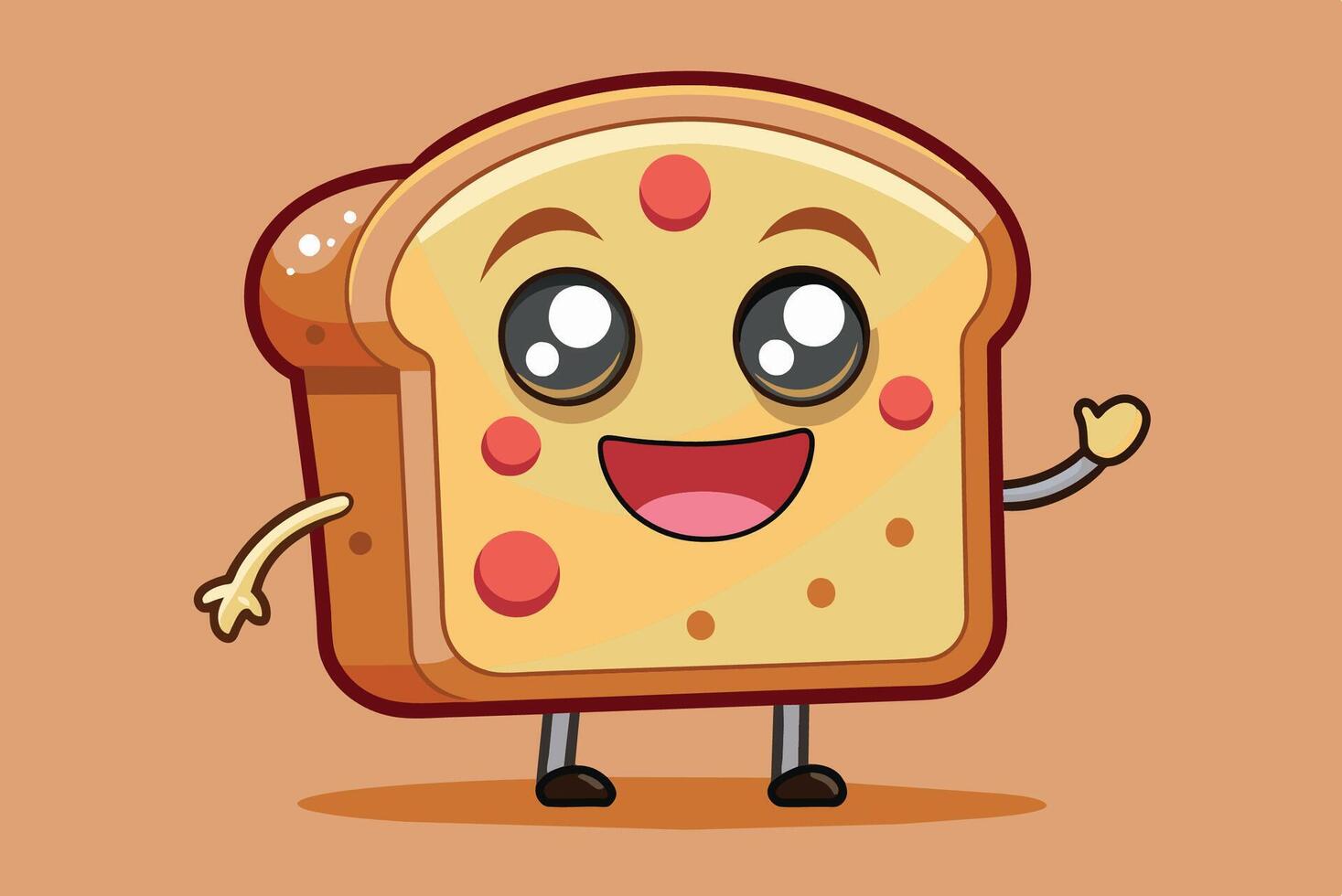 Happy cartoon slice of bread character waving cheerfully on a warm background with vibrant colors and playful expression vector