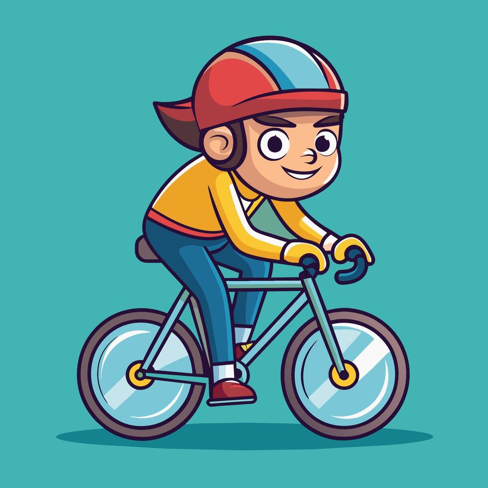 Young child riding a bicycle on a bright blue background with a cheerful expression, showcasing a fun outdoor activity in a playful style vector
