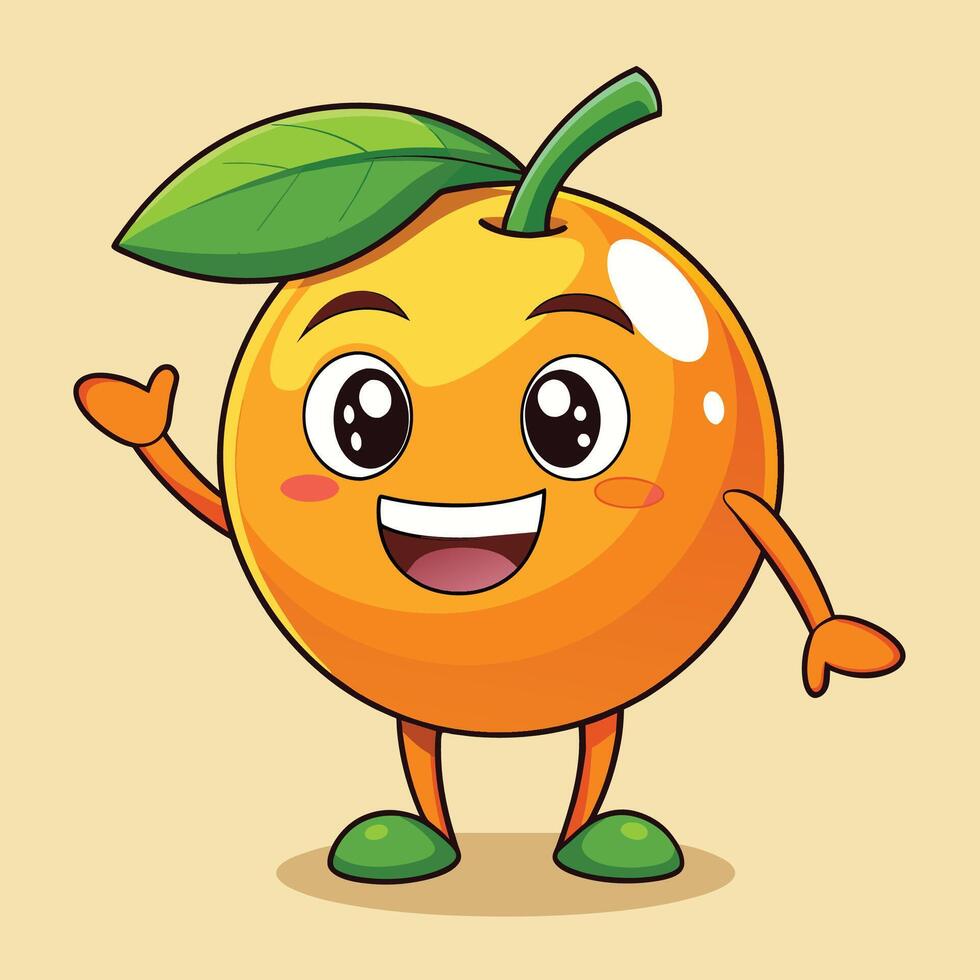 A cheerful cartoon orange character waving happily with a green leaf on its head against a light tan background vector