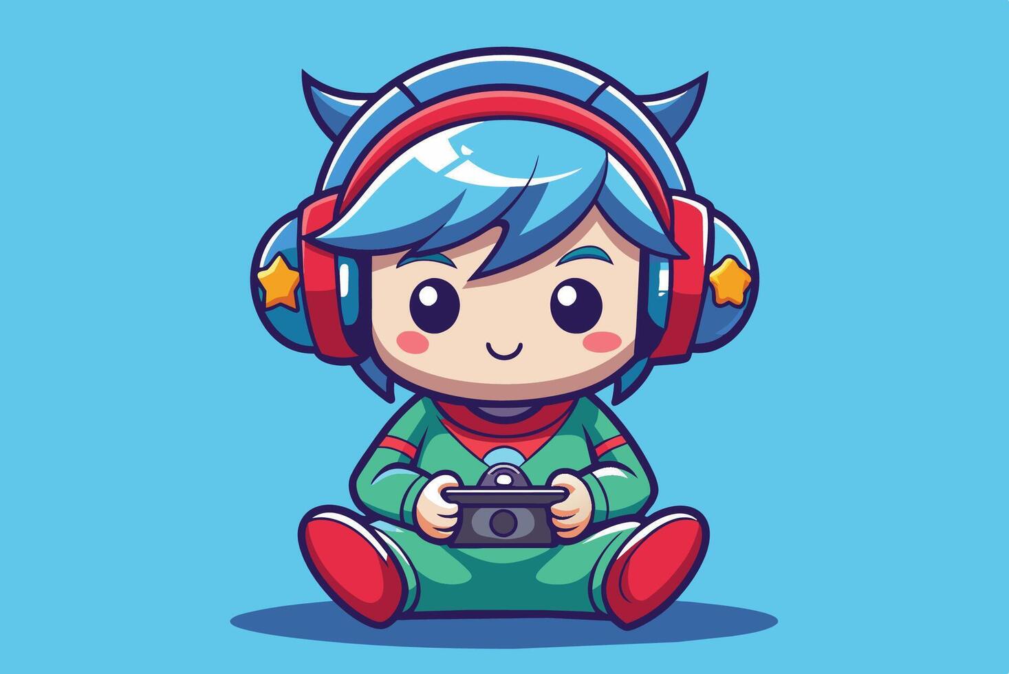 Cute animated character with blue hair wearing headphones and playing a game on a console against a bright blue background vector