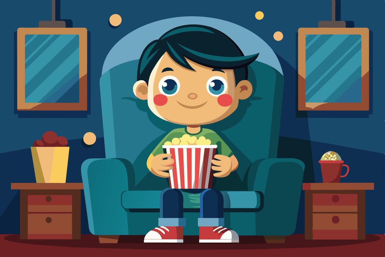 A cheerful child enjoying popcorn while watching a movie in a cozy living room with colorful decor and warm lighting vector