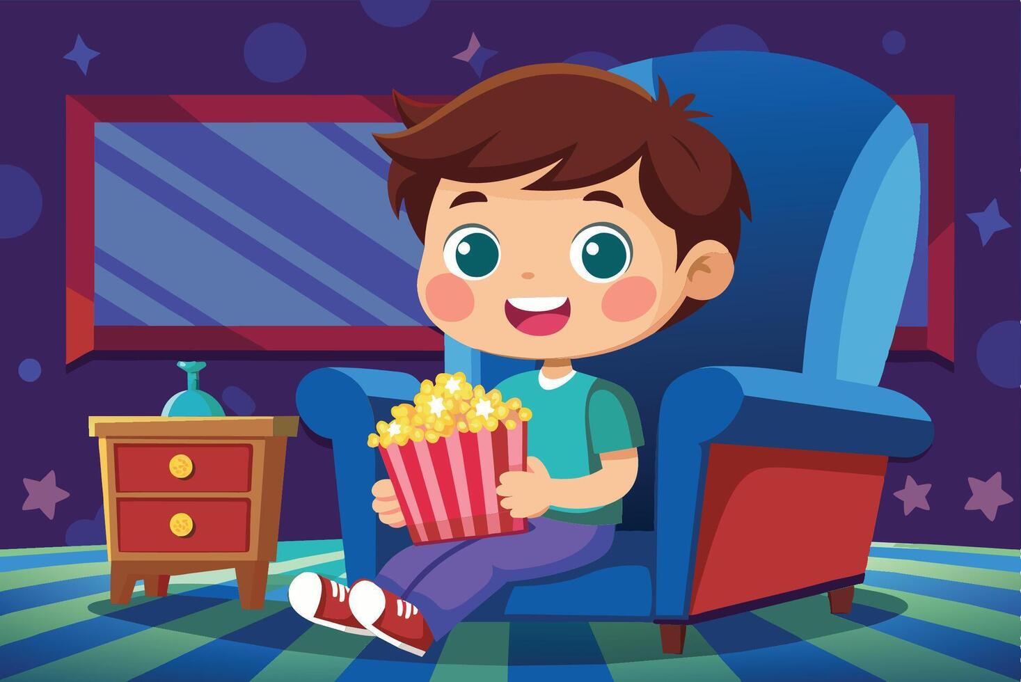 A cheerful child enjoys popcorn while sitting in a cozy blue chair in a vibrant room, perfect for family movie night vector