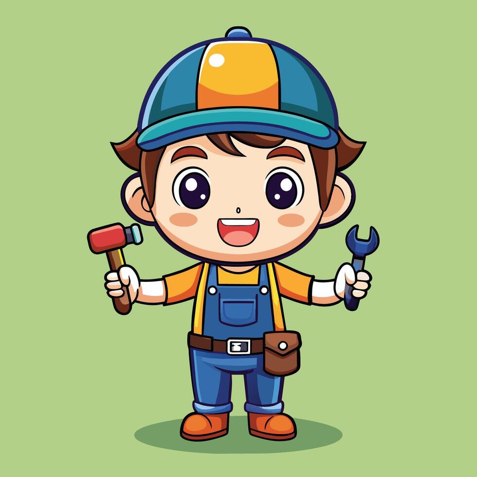 A cheerful young cartoon boy holding a hammer and a wrench, dressed in overalls and a cap, ready for a fun day of repairs and creativity vector