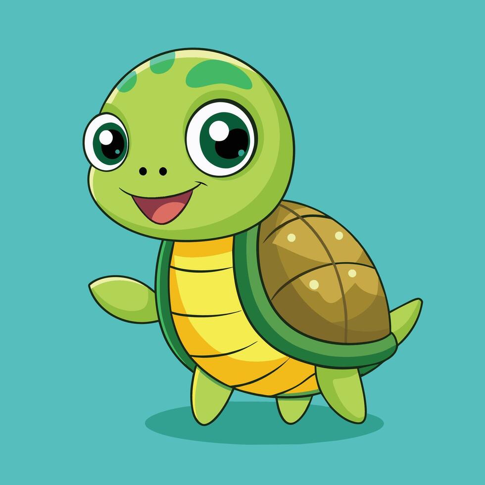 Cute cartoon turtle smiling happily against a turquoise background, showcasing its cheerful personality in a playful pose vector