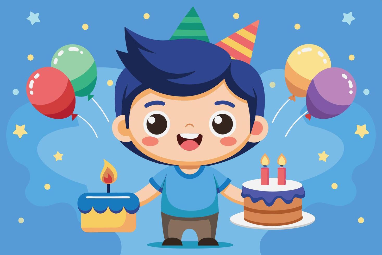 A cheerful young boy celebrates his birthday while holding a cake and colorful balloons at a festive party setting vector