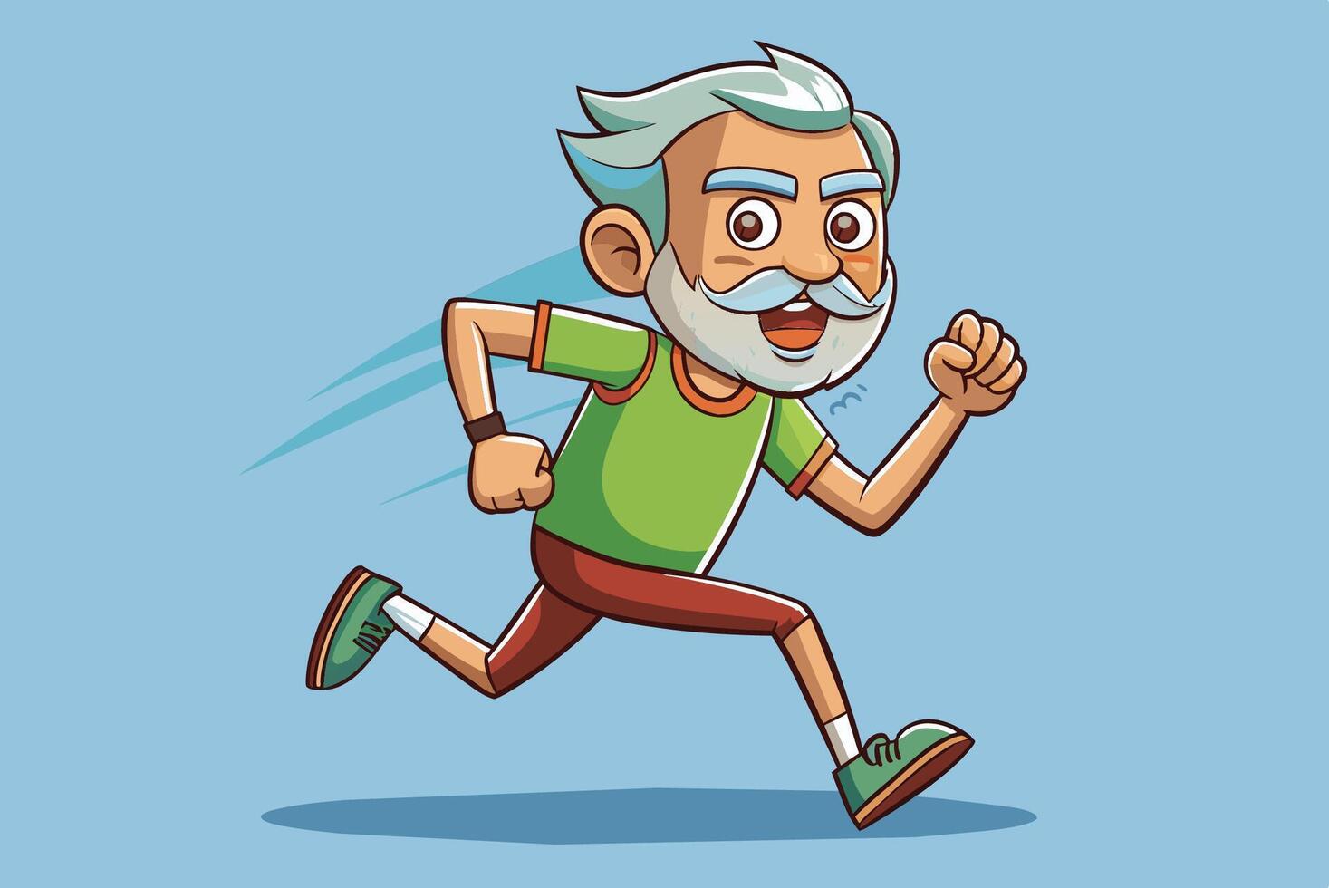 An energetic elderly man runs swiftly in bright athletic attire against a simple blue background during a sunny day vector