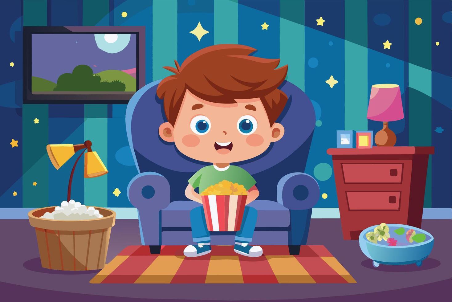 A cheerful boy enjoying popcorn while watching television in a cozy living room filled with warm decorations at night vector