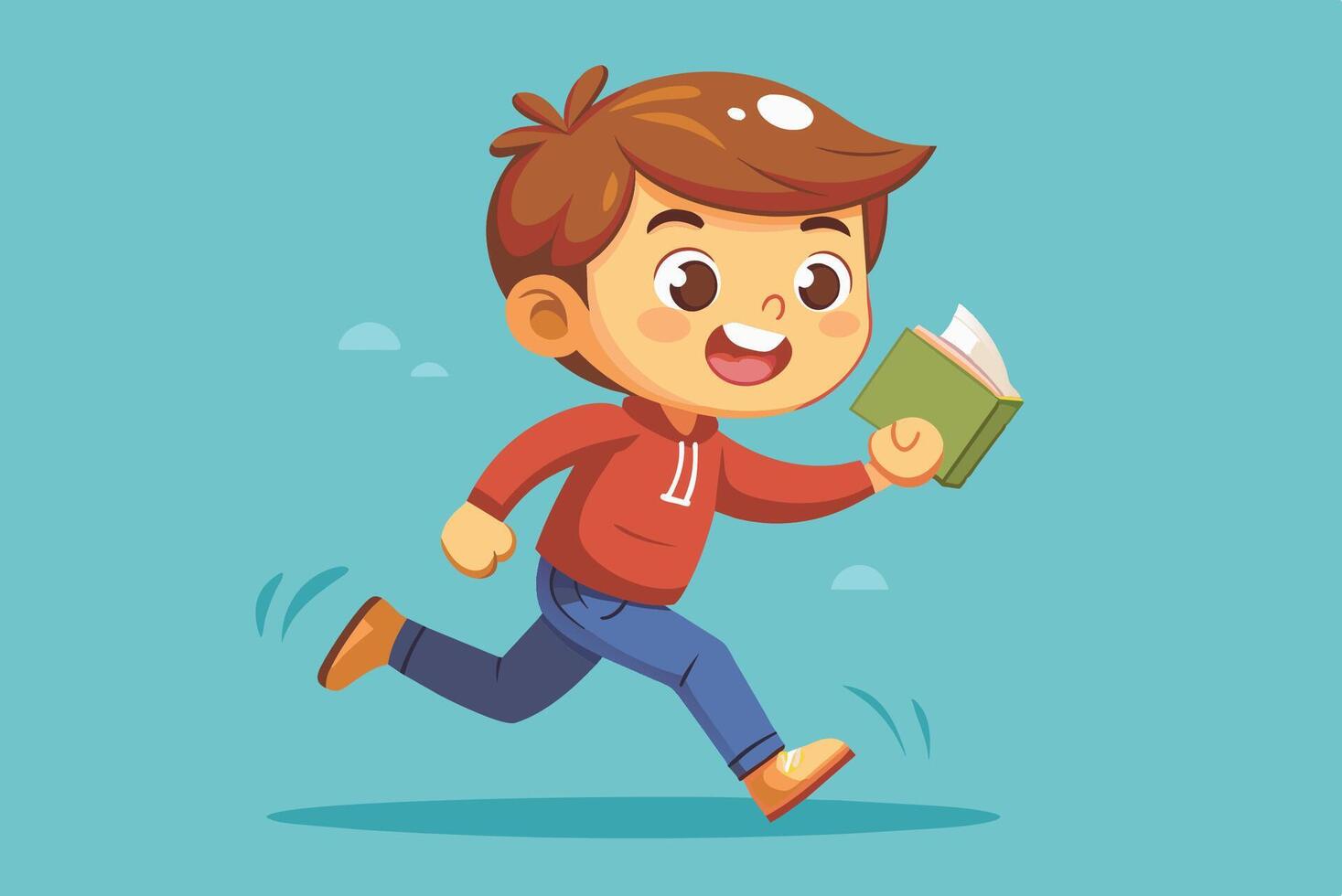 A joyful boy running with a book in hand, celebrating a love for reading on a bright blue background vector