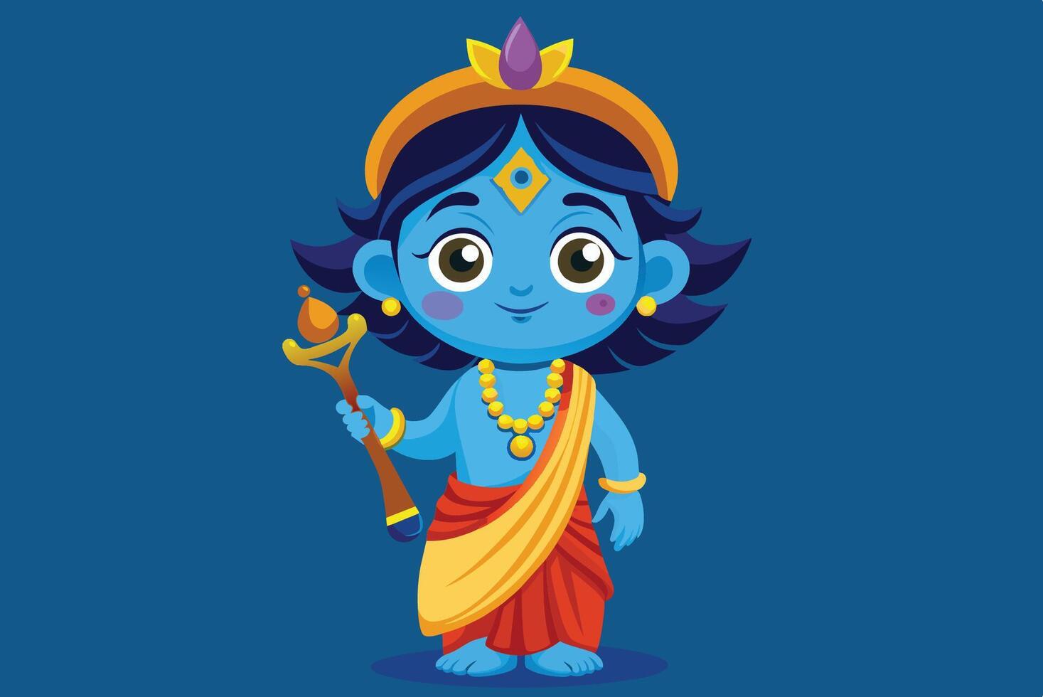 A colorful depiction of a young deity holding a staff while wearing traditional attire against a blue background vector