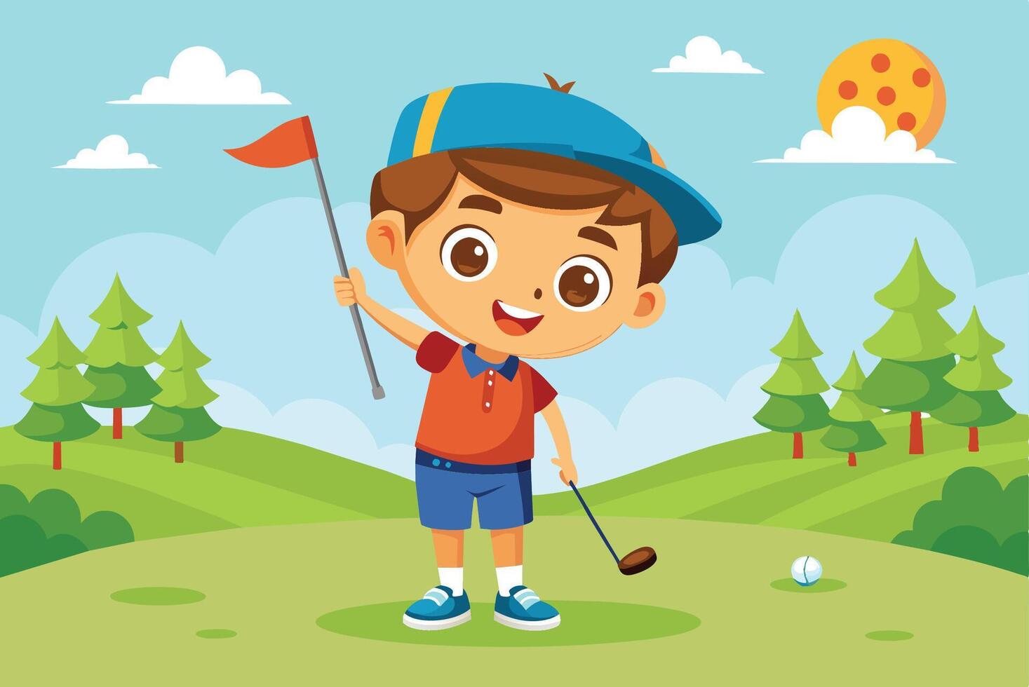 A cheerful young boy enjoys a sunny day playing miniature golf in a vibrant landscape with trees and a bright sun vector