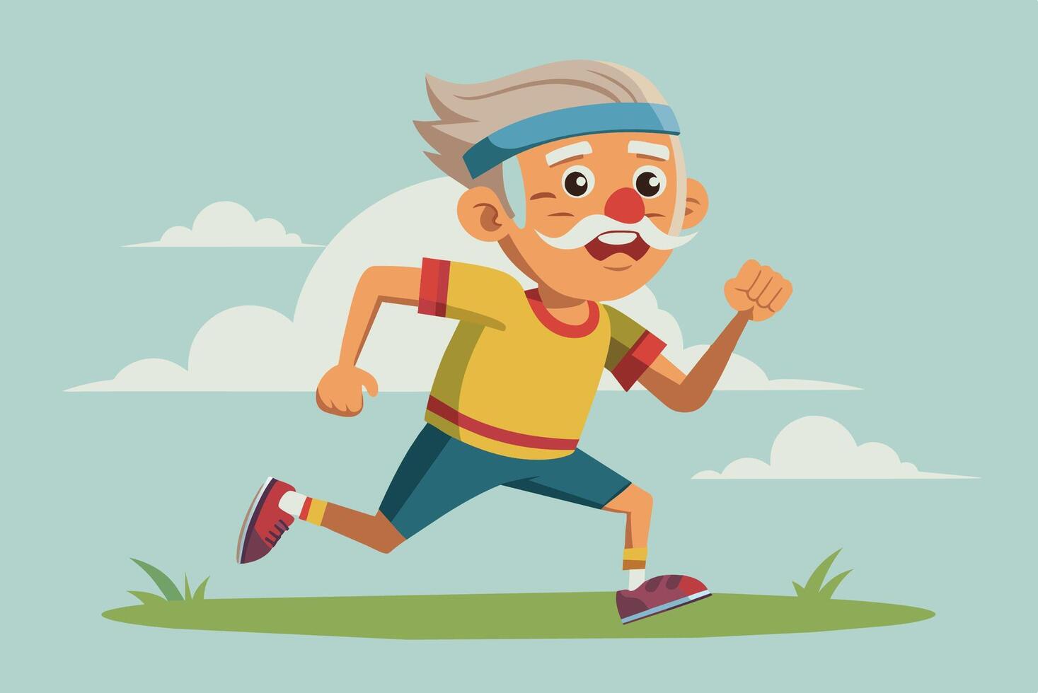 Elderly man with a cheerful expression jogging outdoors in a scenic park under a clear sky during a sunny day vector