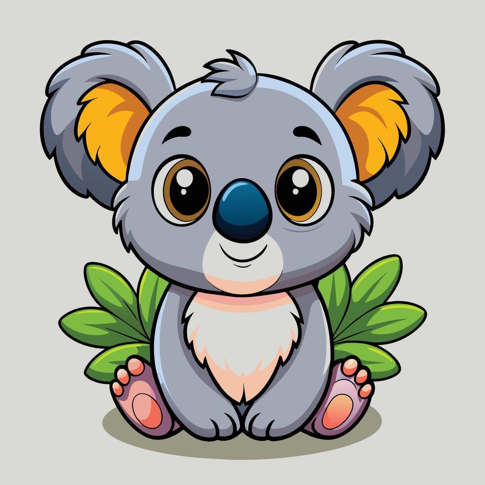 Cute cartoon koala sitting among green leaves with a friendly expression, showcasing its adorable features and playful demeanor vector