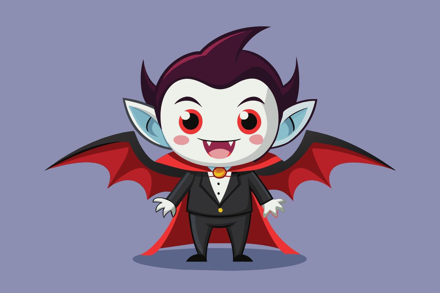 A cartoon vampire character stands cheerfully with a broad grin, wearing a suit and cape, against a purple background vector